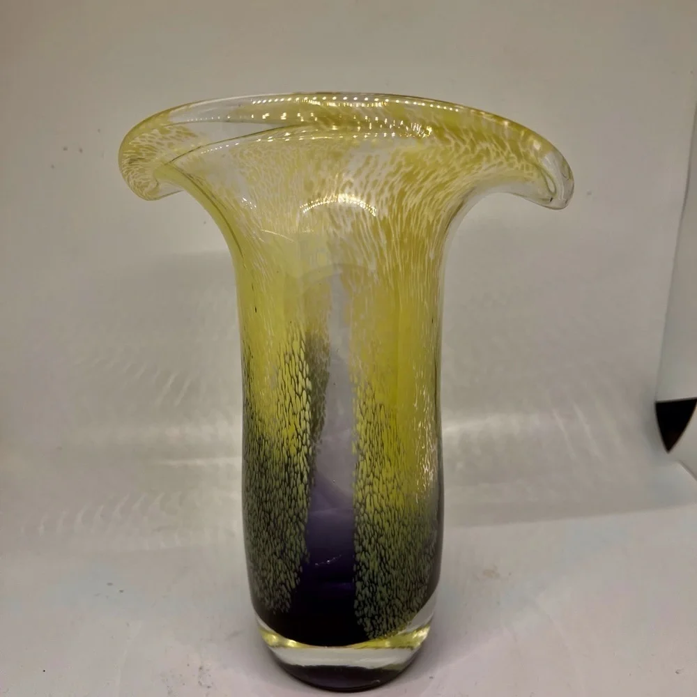 Teleflora Speckled Art Glass Vase Purple Green Flared Lip Hand Blown 8 Inch